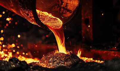 Molten metal being poured from crucible in foundry, showcasing process of metallurgy and industrial manufacturing in vibrant, high-temperature environment.