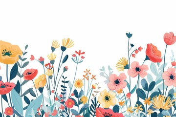 Obraz premium A vibrant bouquet of colorful flowers, including poppies and anemones, stands out against a clean white background. This fresh and cheerful image is perfect for adding a touch of springtime charm 