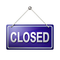 A blue sign with white text reading CLOSED is displayed with a hanging chain on a white background. Generative AI