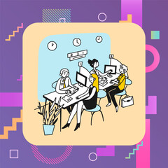 Bank consultants talking to clients. Employees consulting people in office hall flat vector illustration. Finance, service, business concept for banner, website design or landing web page