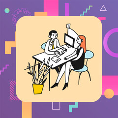 Bank manager talking to female client. Male employee consulting woman in office hall flat vector illustration. Finance, service, business concept for banner, website design or landing web page