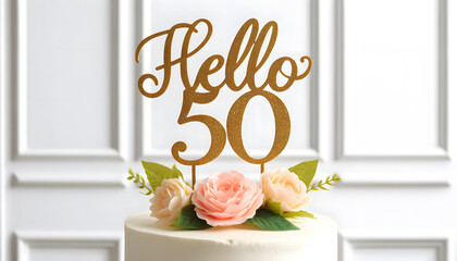 Elegant White Cake with Pink and Peach Roses and "Hello 50" Gold Topper for 50th Birthday Celebration