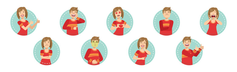 Young Man and Woman Character Face Expression and Emotion Vector Set