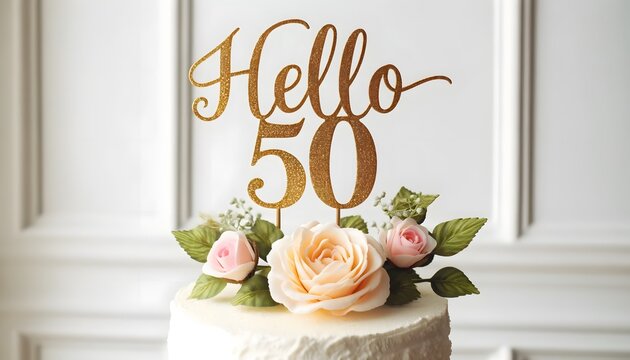 Elegant White Cake with Pink and Peach Roses and "Hello 50" Gold Topper for 50th Birthday Celebration