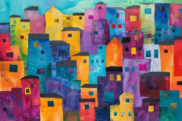 Vibrant and colorful abstract cityscape painting with textured houses and modern urban design. Handpainted with bright acrylic colors on canvas