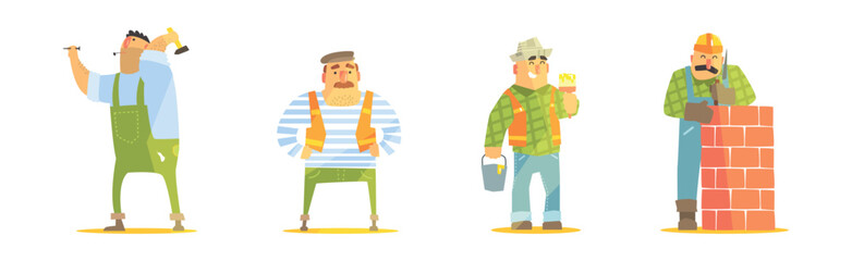 Funny Man Builder Character Work at Construction Site Vector Set