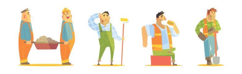 Funny Man Builder Character Work at Construction Site Vector Set