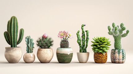 Set of cactus and succulent with glued immortelle flowers, home decoration, home plant. Different types of cacti, potted plant as a gift