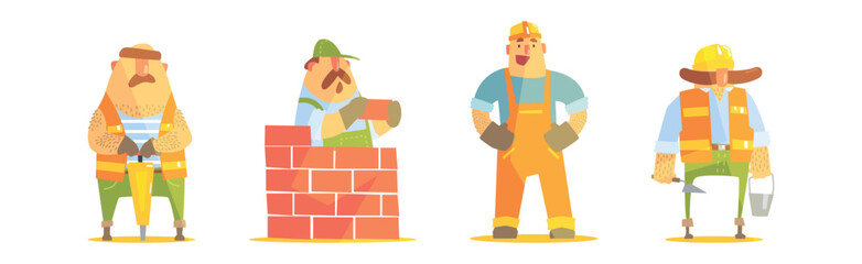 Funny Man Builder Character Work at Construction Site Vector Set