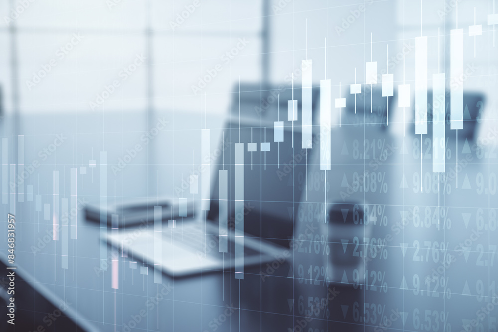 Poster multi exposure of abstract creative financial chart on computer background, research and analytics c