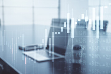 Multi exposure of abstract creative financial chart on computer background, research and analytics concept