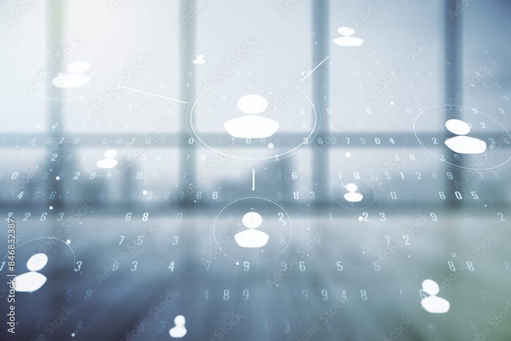 Poster double exposure of social network icons hologram on empty room interior background. networking conce