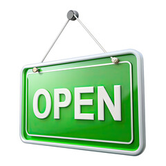 Green open sign hangs on white background, displaying white open message on green surface. Sign attached to string suspended from black hook, angled for 3D effect. Generative AI