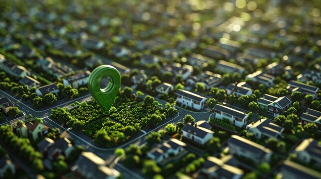 3d location pin on green land plot for construction project, ideal estate investment