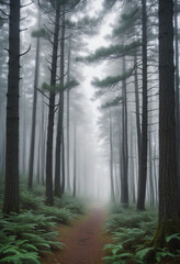 Naklejka premium Enchanting Vale: An Exploratory Adventure through Misty Fir-Woods