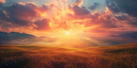 Obraz premium Stunning golden hour scene showcasing the sun setting over a vivid field with ethereal cloud formations