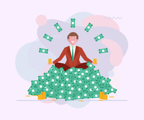 Businessman sitting on heap of money. Happy man getting profit flat vector illustration. Finance business success, investment concept for banner, website design or landing page