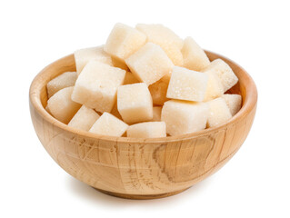 Bowl of sugar cubes on a white background. Created with Generative AI technology.