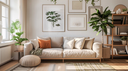 Fototapeta premium Modern Scandinavian home interior design elegant living room featuring a comfortable sofa, wooden floor, white walls and home plants