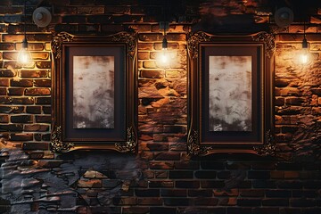 Cozy industrial art gallery with two bronze frames on a brick wall, with warm ambient lighting.