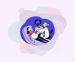 Expecting mother visiting doctor. Ultrasound pregnancy screening flat vector illustration. Gynecologist, pregnancy, healthcare, technology concept for banner, website design or landing page