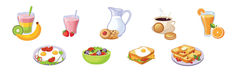 Colorful Breakfast Meal and Morning Food Served Vector Set