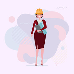 Female engineer in formal wear and hardhat. Architect with drawings and blueprints flat vector illustration. Construction site, building, engineering concept for banner, website design or landing page