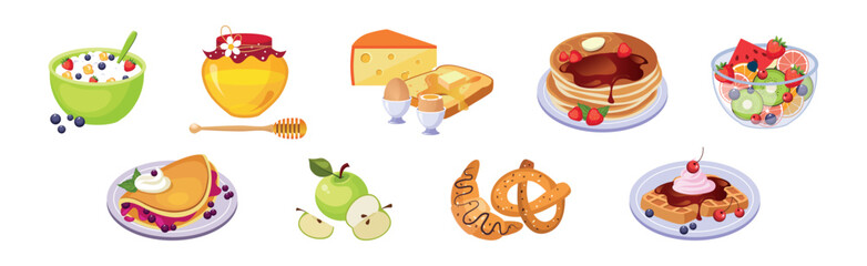 Colorful Breakfast Meal and Morning Food Served Vector Set
