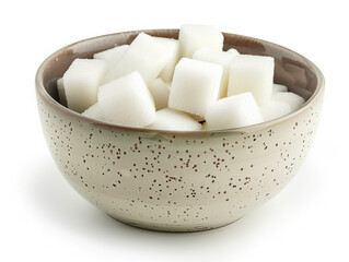 Bowl of sugar cubes on a white background. Created with Generative AI technology.