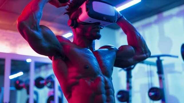 A shirtless man with muscular physique wears a virtual reality headset while standing in a brightly lit gym.