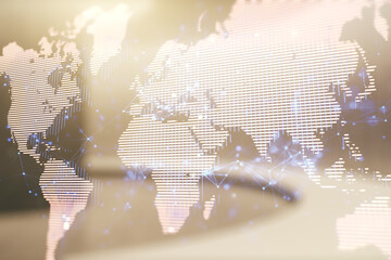 Multi exposure of abstract creative digital world map hologram on empty modern office background, research and analytics concept
