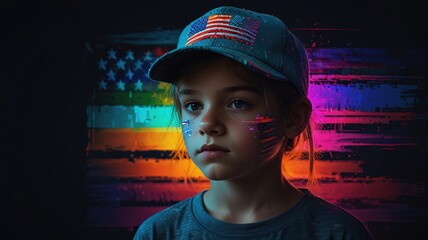 A young boy wearing a baseball cap with an American flag on it. His face is painted with the colors of the American flag. He is standing in front of an American flag that is lit up with rainbow colors