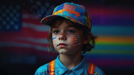 A young boy is wearing a rainbow-patterned American flag baseball cap and an orange shirt with rainbow suspenders. He has face paint on his cheeks in the pattern of the American flag.