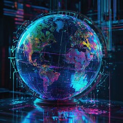 A glowing blue and purple globe sits on a reflective surface. Continents are visible on the globe, outlined in various colors.
