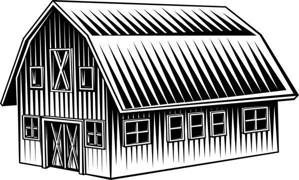 recommend clip art: A farm barn rural building drawing illustration in vintage woodcut style