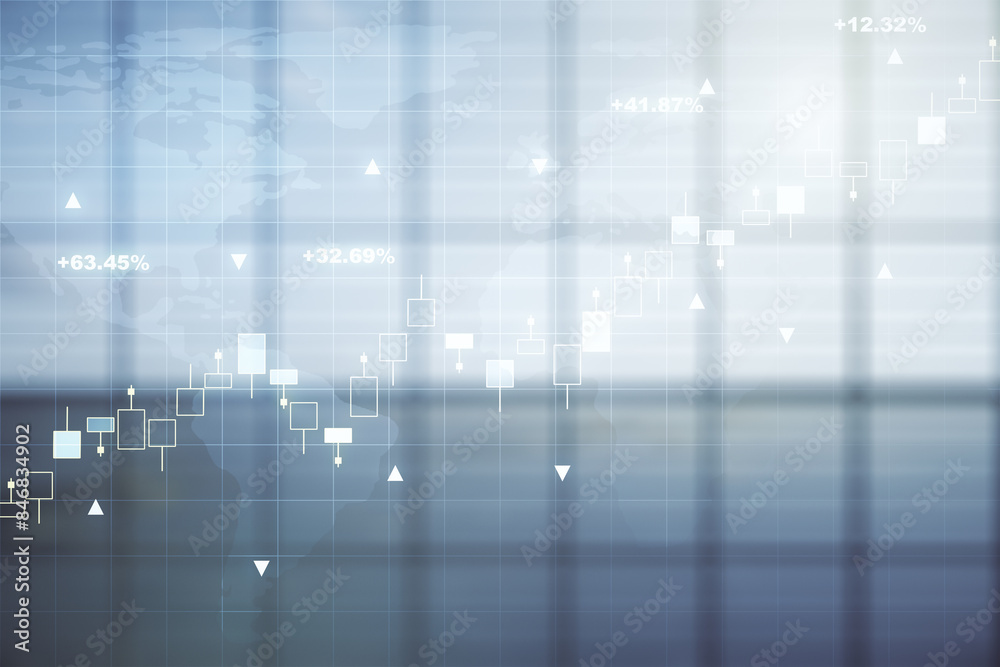 Poster abstract creative financial graph interface and world map on empty corporate office background, fore