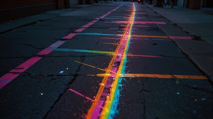 There is a photo of a crosswalk painted in rainbow colors on a city street at night.