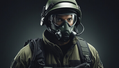 Men in military uniforms, armed forces confront dark AI threat in a hazardous environment