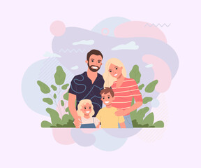 Happy young parents and two children standing together. Family couple with kids flat vector illustration. Unity, bonding, parenthood concept for banner, website design or landing page