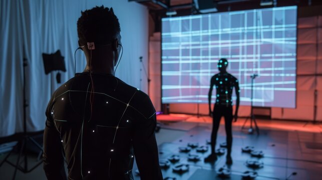A person wearing a motion capture suit stands in a studio, facing a projection screen displaying a grid pattern.