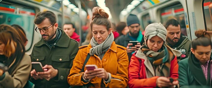 A varied bunch of commuters on a crowded train, some reading and others using phones