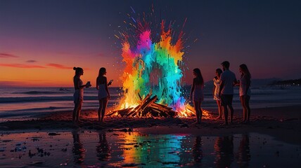 A group of people are standing around a bonfire on the beach at night. The bonfire is sending off multi-colored sparks.