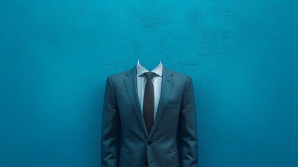 A headless man in a suit stands against a blue background, symbolizing anonymity or the lack of identity.