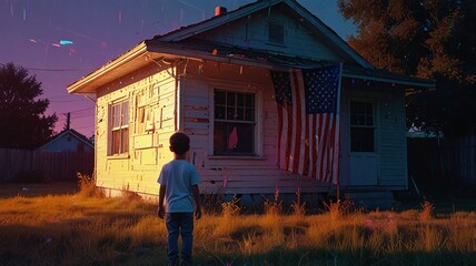 A small boy is standing in a field in front of a house. The house is old and rundown, with a sagging porch and peeling paint. The boy is wearing a tattered shirt and pants, and he has a sad look on hi