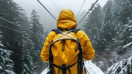 Person in yellow jacket exploring a snowy forest with tall pine trees, viewed from behind, embracing winter adventure and nature.