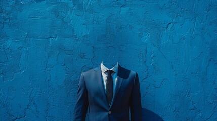 A headless man in a suit stands against a blue wall, symbolizing anonymity or the unknown.