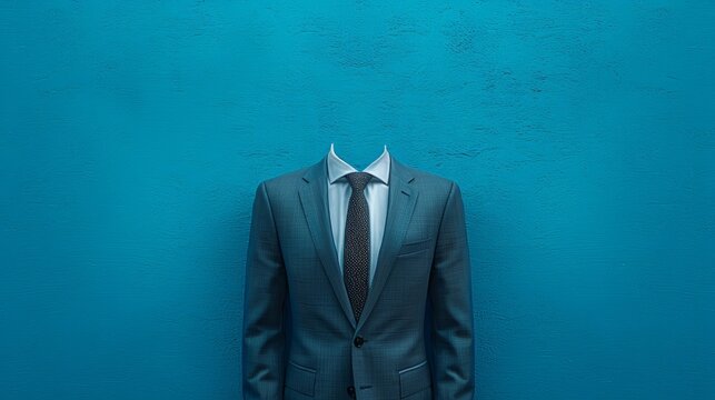 A headless man in a suit stands against a blue background, symbolizing anonymity or the lack of identity.