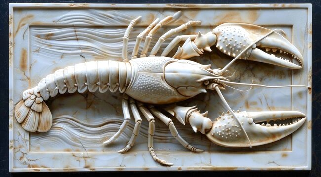 Intricate carved lobster relief on a marble surface, showcasing exquisite details of the marine creature in a classic artistic style.