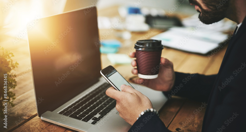 Poster Coffee, phone and laptop with man hands at coworking office with blank screen for social media break. Morning, web designer and creative job with latte and scroll at desk with design work and text