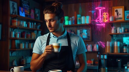 A young man with long brown hair tied in a bun is holding a coffee cup in a coffee shop. He is wearing a blue apron and there are shelves with jars and neon signs on the walls behind him.